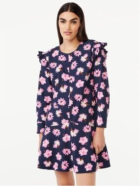 Free Assembly Button Shoulder Mini Dress Floral Long Sleeve 100% Cotton Size L